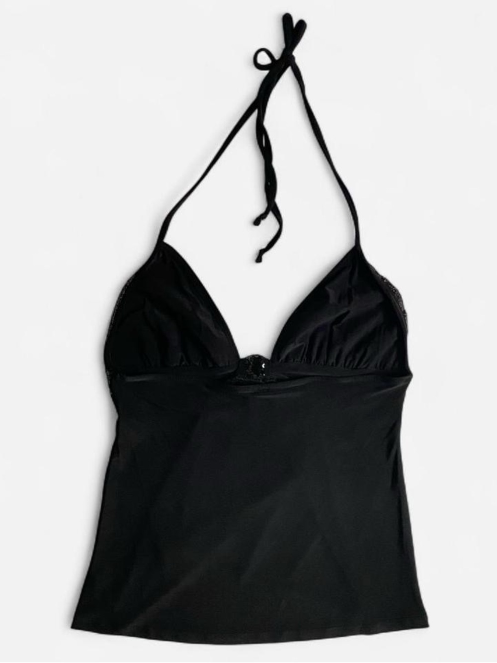 Vintage Y2K slinky black low cut halter top w/sequins - Picture 2 of 8